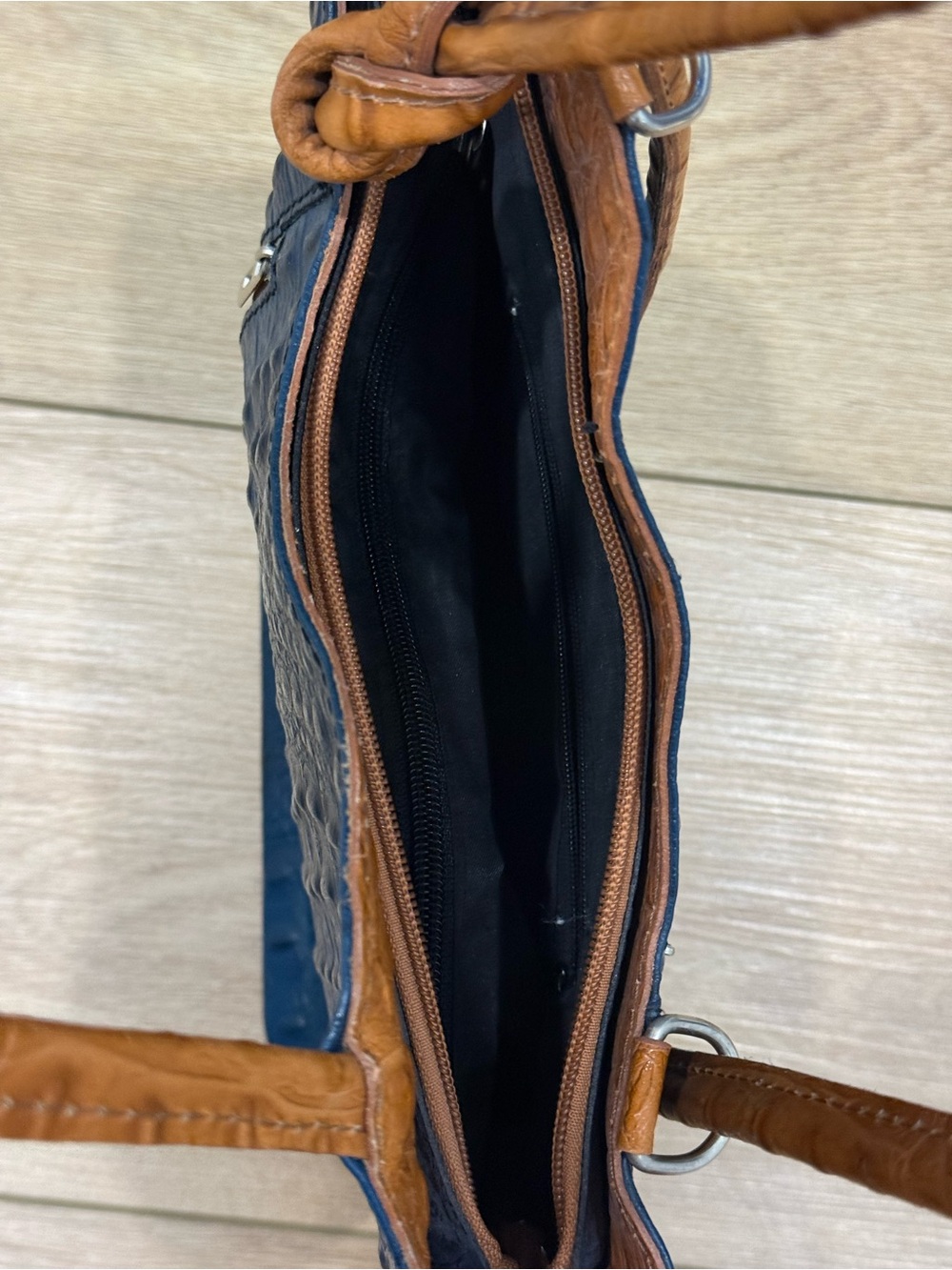 Italian Genuine Leather Croc Embossed Tote Bag Blue Cognac Shoulder Purse - Picture 8 of 12